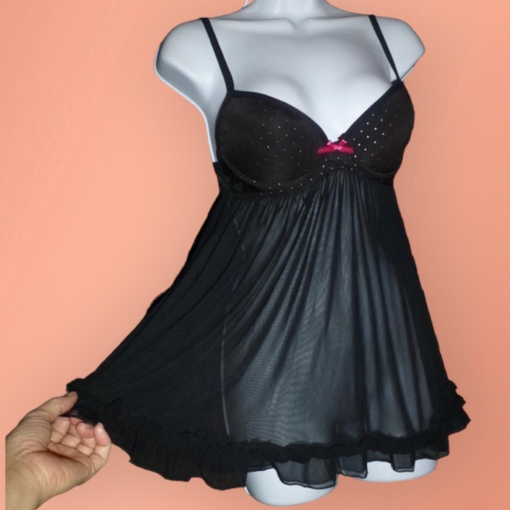 True Desire Sexy Black Sheer Underwire Push-Up Chemise, Ruffles, Sparkle, Pink S